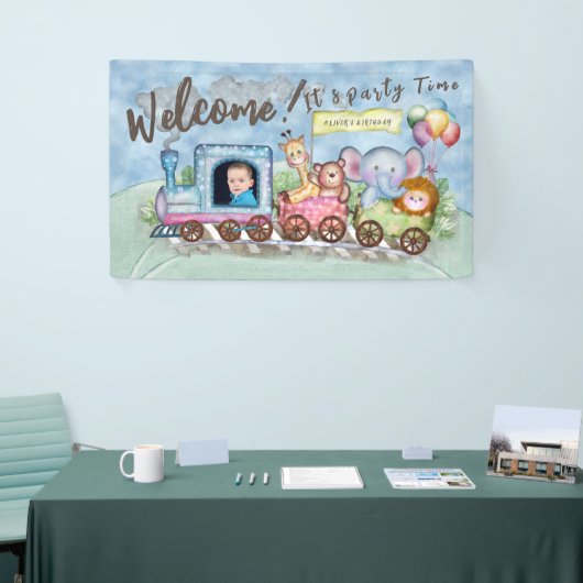 Train Verjaardag Foto waterverf Spandoek (Beurs)