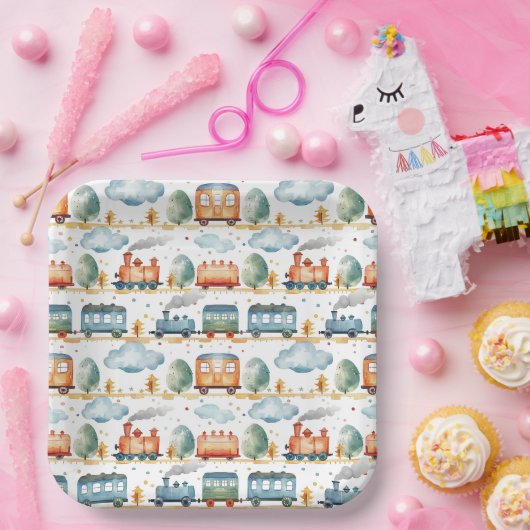 Train Verjaardag Party Baby shower Waterverf Papieren Bordje (Feest)