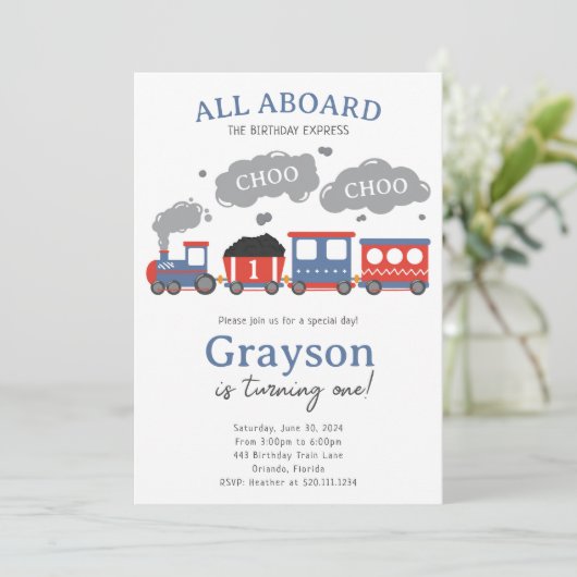Train Verjaardagsfeest Choo Choo Uitnodiging (Staand voorkant)