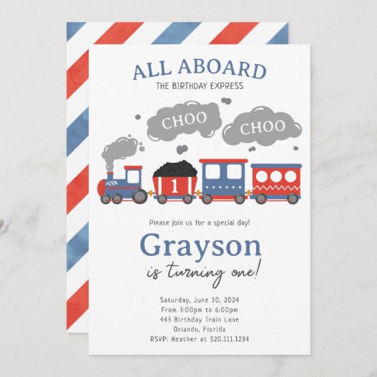 Train Verjaardagsfeest Choo Choo Uitnodiging (Voorkant / Achterkant)