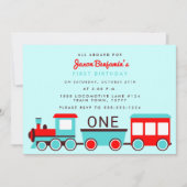 Train Verjaardagsfeest Rood en Blauw Uitnodiging (Voorkant)