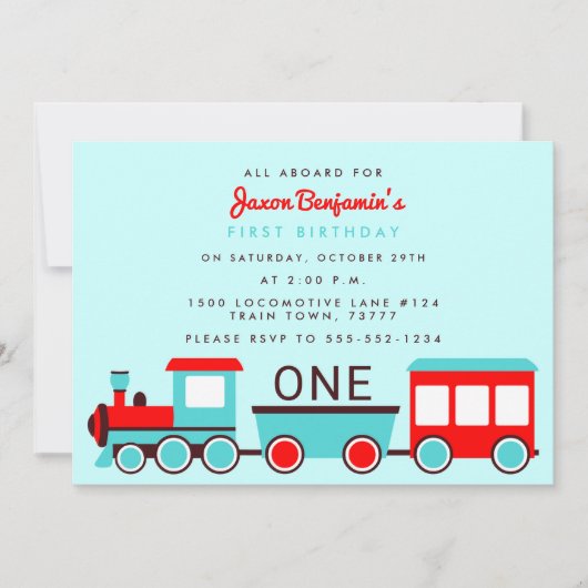 Train Verjaardagsfeest Rood en Blauw Uitnodiging (Voorkant)