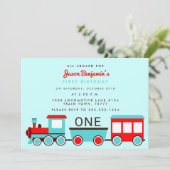 Train Verjaardagsfeest Rood en Blauw Uitnodiging (Staand voorkant)