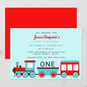 Train Verjaardagsfeest Rood en Blauw Uitnodiging
