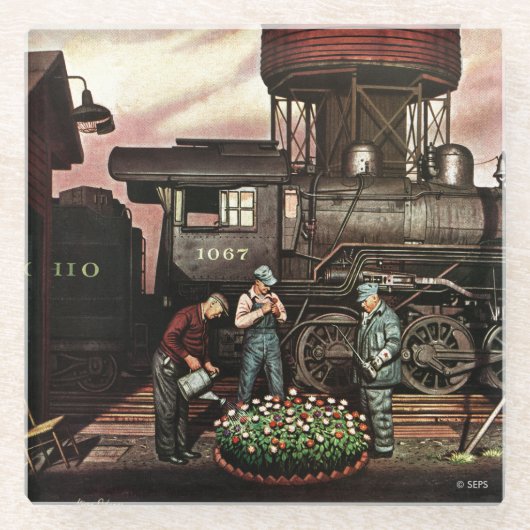 Train Yard Flower Garden van Stevan Dohanos Glazen Onderzetter (Voorkant)