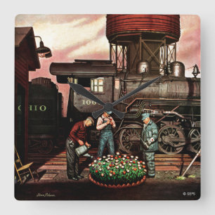 Train Yard Flower Garden van Stevan Dohanos Vierkante Klok