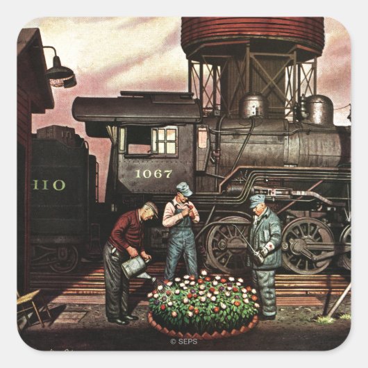 Train Yard Flower Garden van Stevan Dohanos Vierkante Sticker (Voorkant)