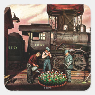 Train Yard Flower Garden van Stevan Dohanos Vierkante Sticker