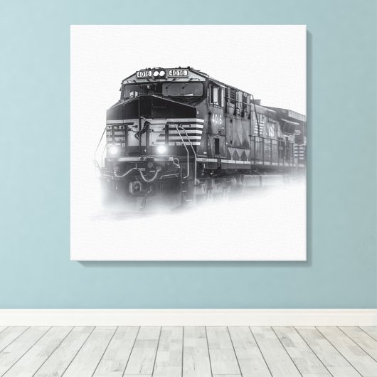 Trainingen voor zwarte en witte trein canvas afdruk (Insitu (Houten vloer))