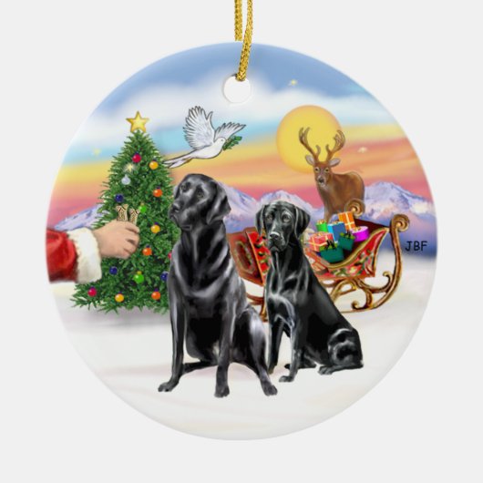 Traktatie voor twee zwarte labradors keramisch ornament (Voorkant)
