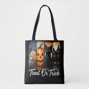 "Trakteer of truc" Halloween Brush Stroke Cat Tote Bag