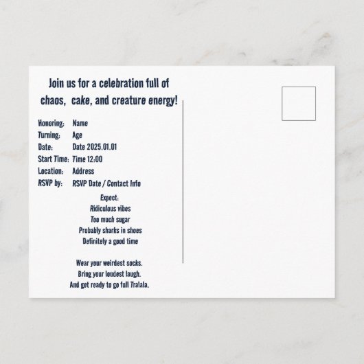 Tralalero Tralala  verjaardag Aankondigingskaart (Achterkant)