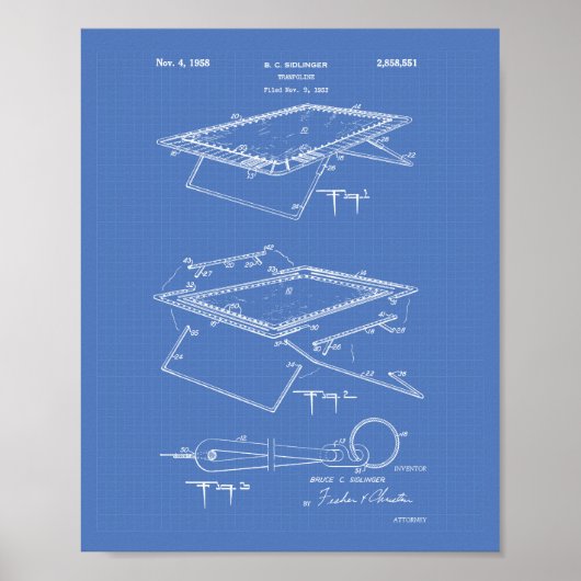 Trampoline 1958 Patent Art Blueprint Poster (Voorkant)