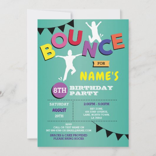 Trampoline Birthday Invitation Jump Bounce Kaart (Voorkant)