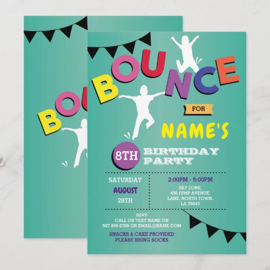 Trampoline Birthday Invitation Jump Bounce Kaart (Voorkant / Achterkant)
