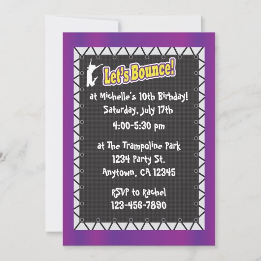 Trampoline Birthday Party Invitation Paars Kaart (Voorkant)