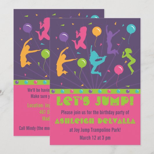 Trampoline Birthday Party Invitations for Girls Kaart (Voorkant / Achterkant)