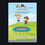 Trampoline Kids Birthday Party Kaart<br><div class="desc">Een buitenshuis verjaardagsuitnodiging met een meisje en een jongen op een trampoline. Ideaal voor tweelingen, broers en zussen en zussen. (Kinder vector gemaakt door brgfx - www.freepik.com). () De kaart is gemakkelijk aan te passen met de tekst, het lettertype, de tekenkleur, de papieren vormopties en de keuze uit zes papiertypen.()...</div>