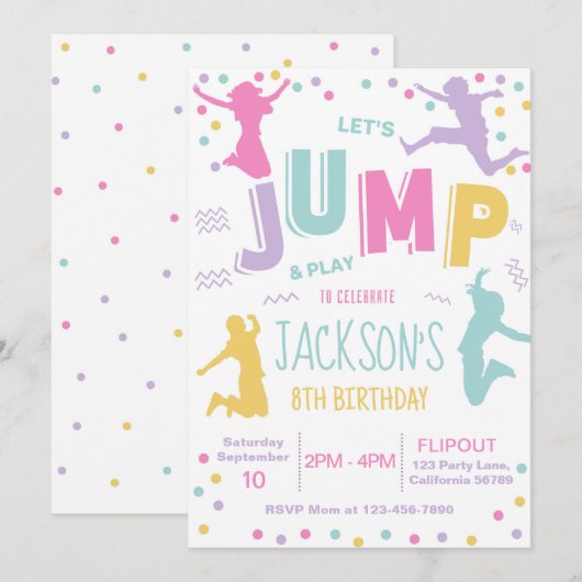 Trampoline Park Verjaardag Uitnodiging Jump Invite (Voorkant / Achterkant)