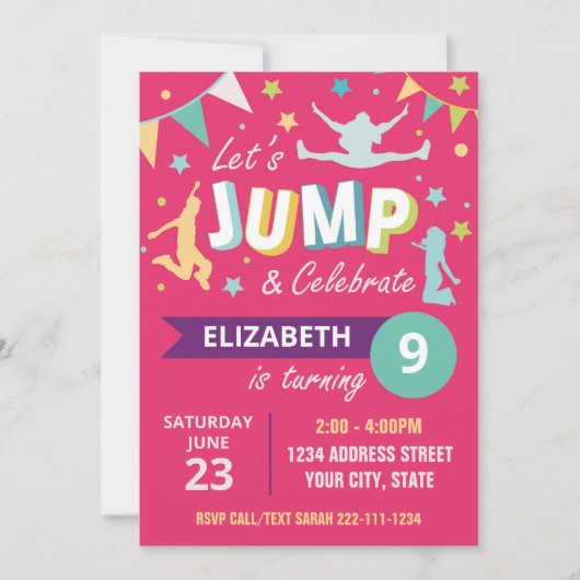 Trampoline park verjaardagsuitnodiging roze kaart (Voorkant)