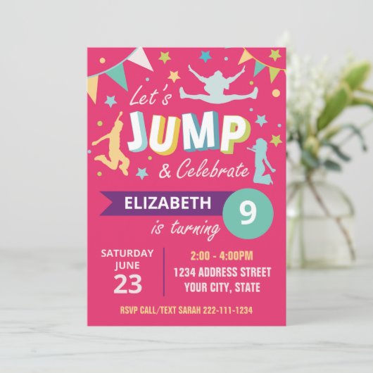 Trampoline park verjaardagsuitnodiging roze kaart (Staand voorkant)