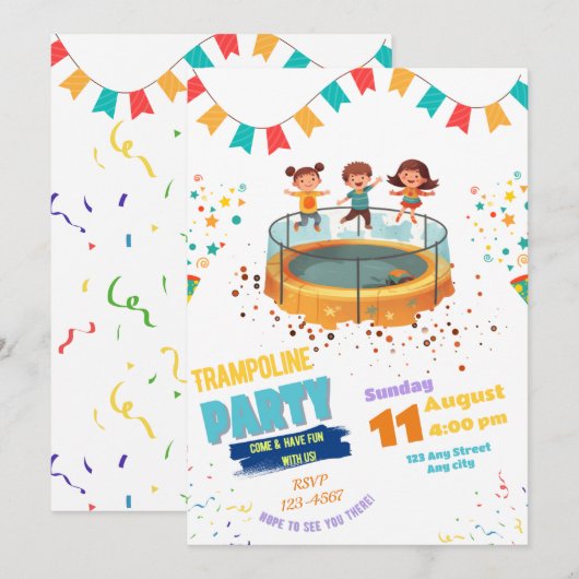 Trampoline Party uitnodiging, Jump & Bounce Party Kaart (Voorkant / Achterkant)