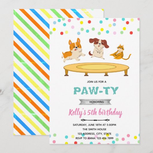 Trampoline spring kat hond feestje thema kaart (Voorkant / Achterkant)