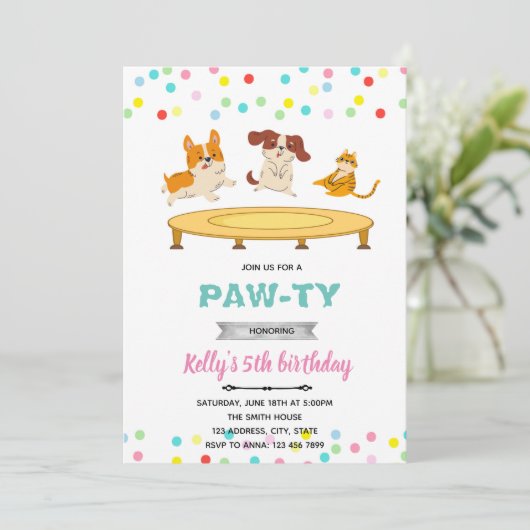 Trampoline spring kat hond feestthema kaart (Staand voorkant)