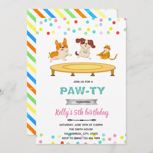 Trampoline spring kat hond feestthema kaart (Voorkant / Achterkant)