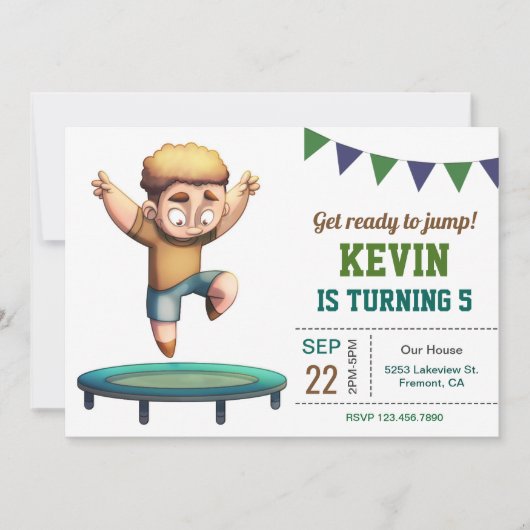 Trampoline springen jongen verjaardagsfeestje uitn kaart (Voorkant)