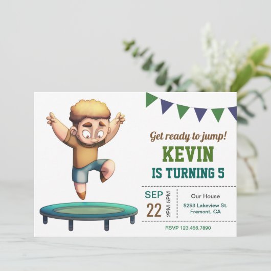 Trampoline springen jongen verjaardagsfeestje uitn kaart (Staand voorkant)
