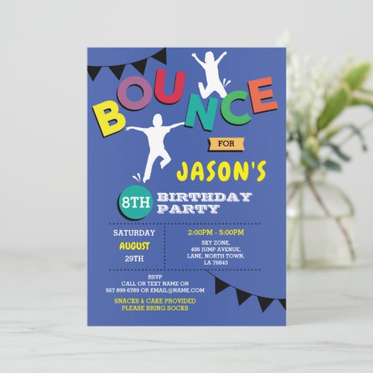 Trampoline Verjaardag Uitnodiging Jump Bounce Part (Staand voorkant)