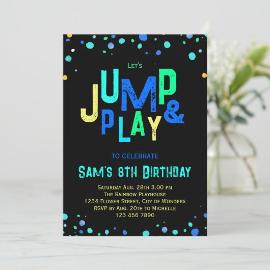 Trampoline Verjaardag Uitnodiging Jump Play Party (Staand voorkant)