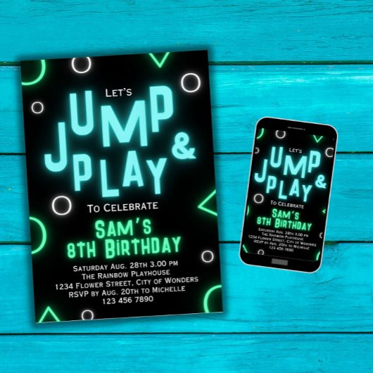 Trampoline Verjaardag Uitnodiging Neon Jump Party