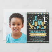Trampoline Verjaardagsfeest Jump Bounce Blue Gold Kaart (Voorkant)