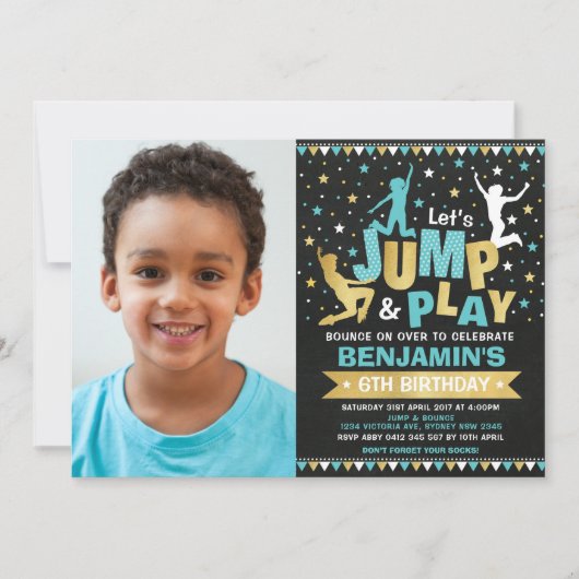 Trampoline Verjaardagsfeest Jump Bounce Blue Gold Kaart (Voorkant)