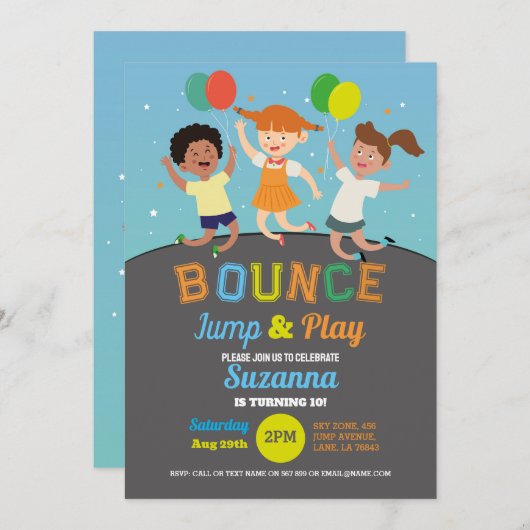 Trampoline Verjaardagsfeestje Blauwe Jongens Bounc Kaart (Voorkant / Achterkant)