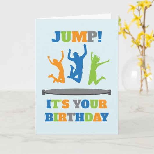 Trampoline verjaardagsfeestje kaart (Gele Bloem)
