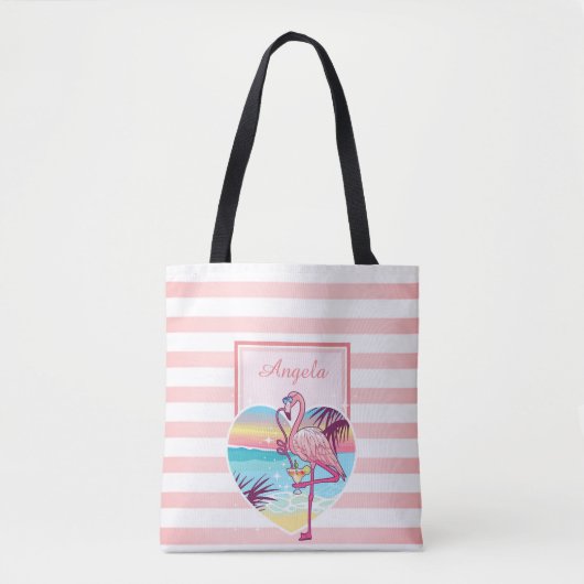 Trandy Striped, Flamingo, Cocktail - Personalized Tote Bag (Voorkant)