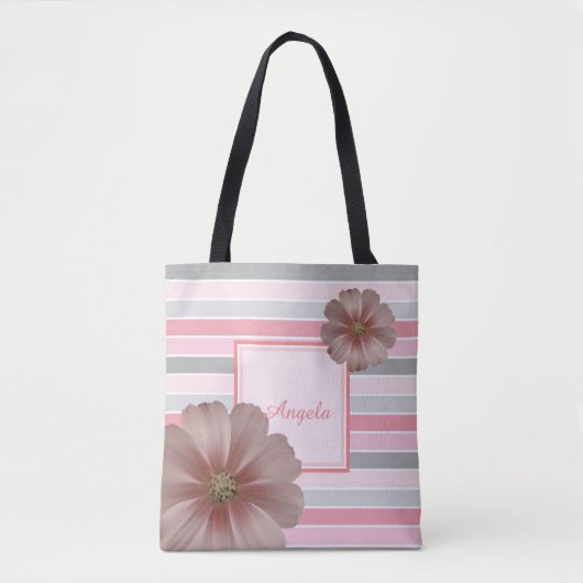Trandy Striped, Flowers - Personalized Tote Bag (Voorkant)