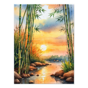 Tranquil Bamboe River Waterverf Schilderij Foto Afdruk