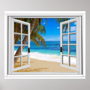Tranquil Beach Ocean Fake Window Uitzicht Poster