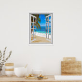 Tranquil Beach Ocean Uitzicht Fake Window Poster (Keuken)