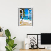 Tranquil Beach Ocean Uitzicht Fake Window Poster (Thuiskantoor)