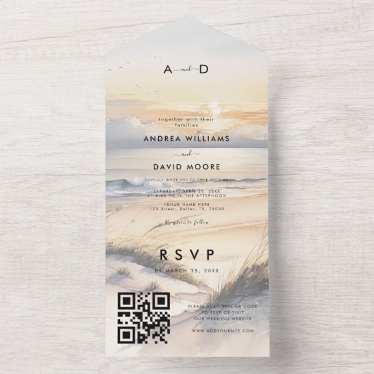 Tranquil Beach Sunset Boho Destination Wedding All In One Uitnodiging (Binnen)