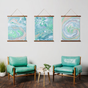 Tranquil Bleek Blauw en Groene Vloeiende Kunst Hangend Wandkleed