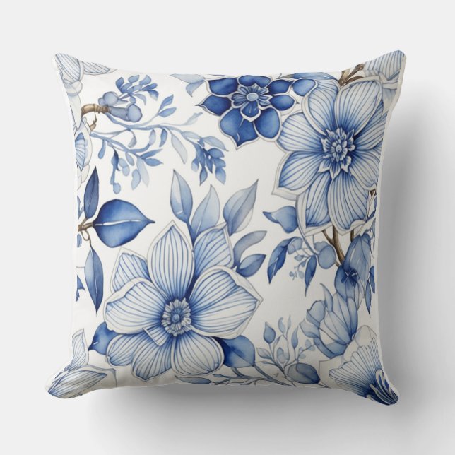 Tranquil Blooms: Kalmerende Abstracte Blauwe Bloem Kussen (Voorkant)