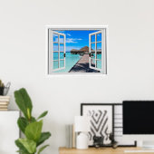 Tranquil Boardwalk Pier Ocean Fake Window Uitzicht Poster (Thuiskantoor)