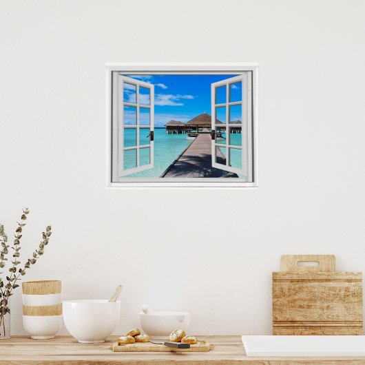 Tranquil Boardwalk Pier Ocean Fake Window Uitzicht Poster (Keuken)