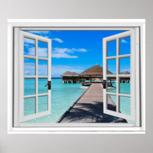 Tranquil Boardwalk Pier Ocean Fake Window Uitzicht Poster